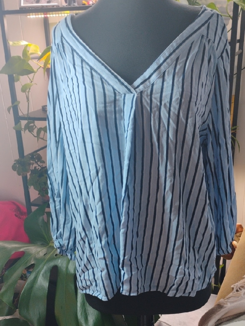 St. John's Bay Light Blue & Navy Striped V-Neck Blouse